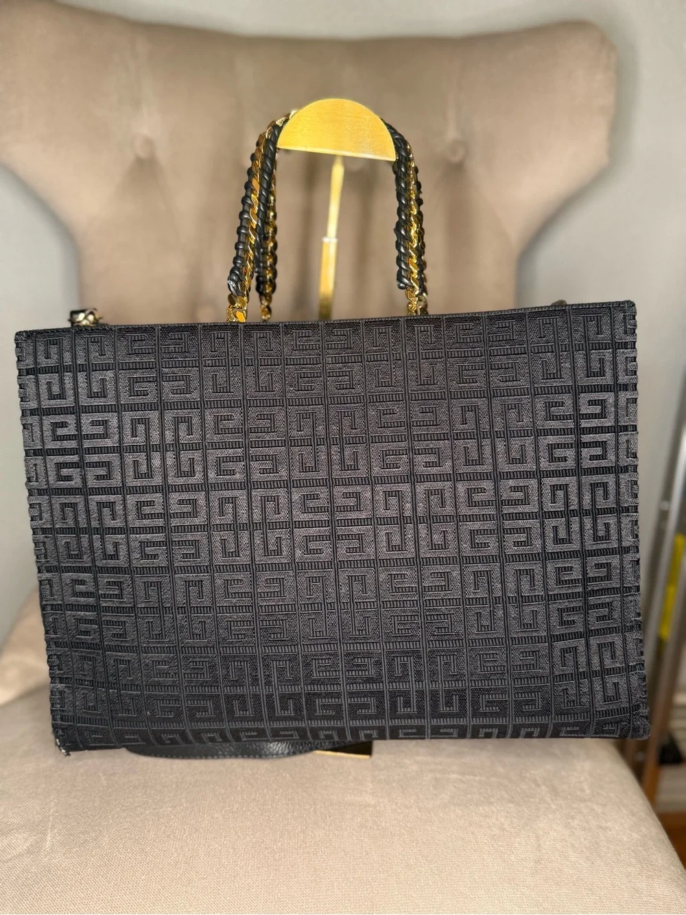Givenchy Black Jacquard Logo Tote with Chain Handles
